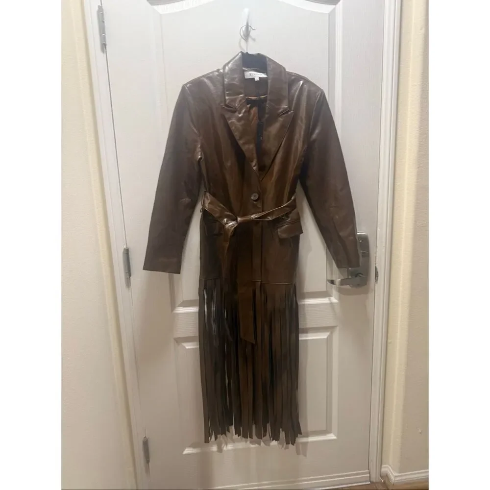 ELLIATT Vegan Leather Fringe Suit Set – Brown Blazer & Maxi Skirt size S NWT - Picture 8 of 11